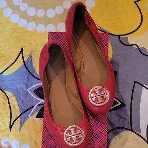 Tory Burch Red Flats with Gold Logo